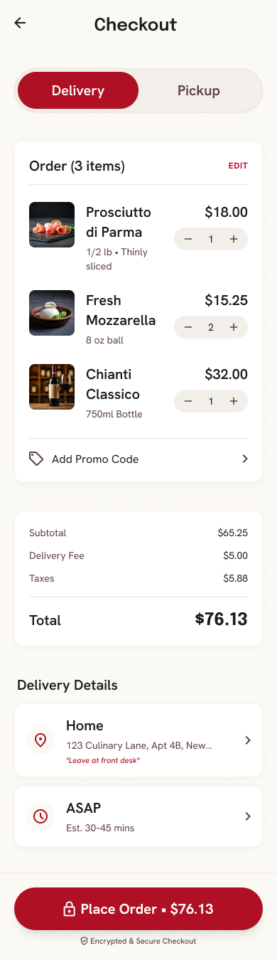 Calabria Market shopping cart screen